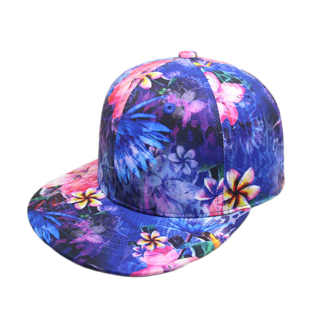 Gorras de borde plano floral con estampado completo personalizado, impresión de algodón de algodón al aire libre impresión unisex Snapback Cap